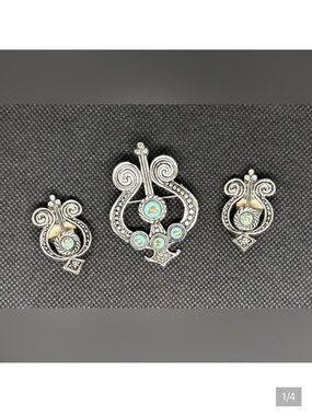Vintage Silver Tone Turquoise Inlay Brooch & Clip-On Earring Set